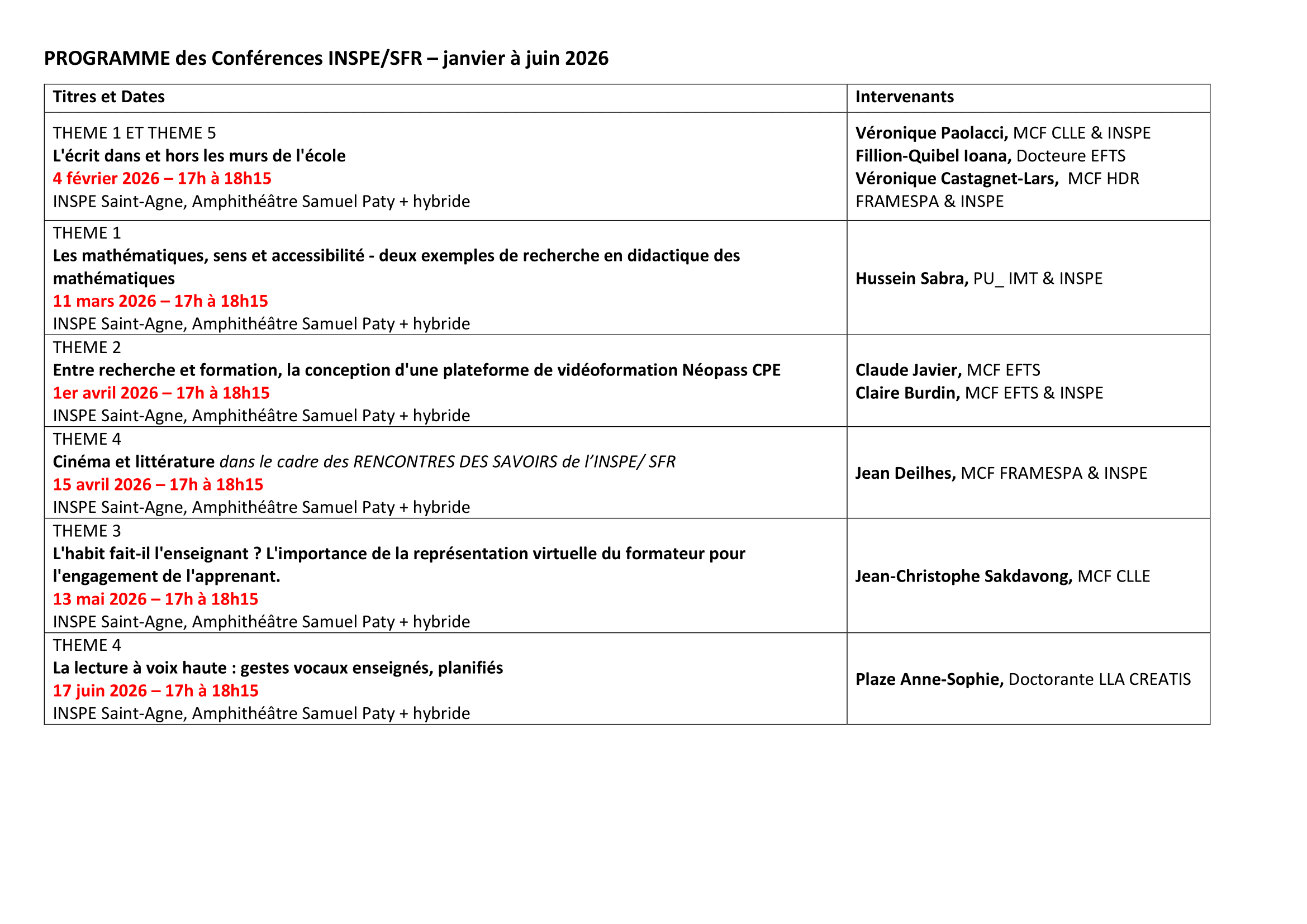Calendrier Conférences INSPE/SFR-AEF Cycle 1